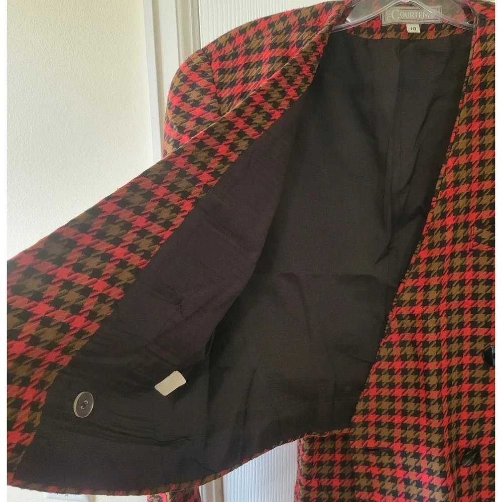 CC Courtenay Skirt Suit Size 10 Red Black Olive Houndstooth Plaid Pockets Bolero